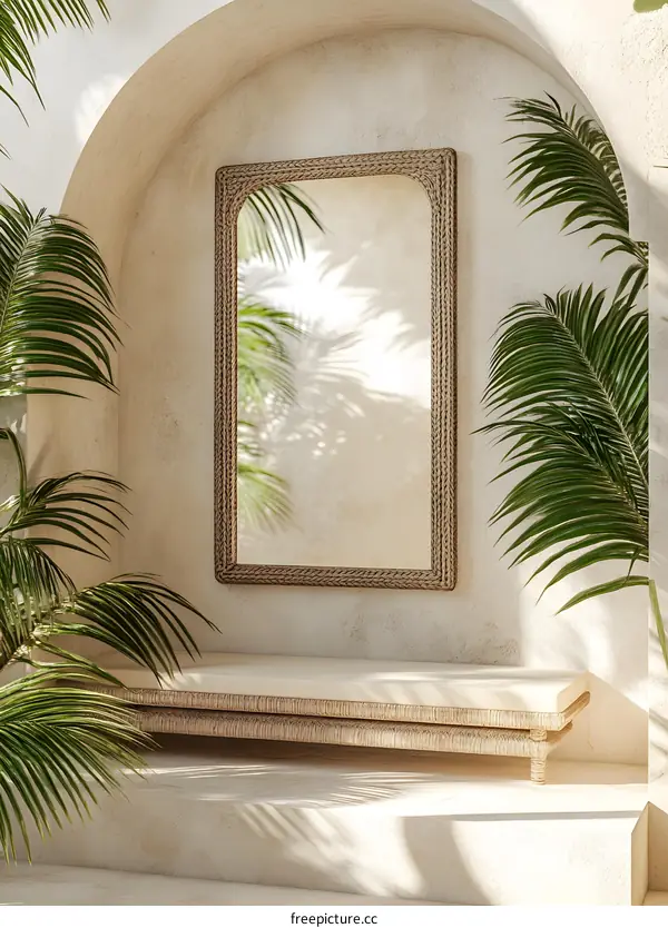 Rattan Mirror and Bench in a Minimalist Setting