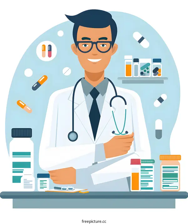 Smiling Doctor With Stethoscope And Medicine Bottles