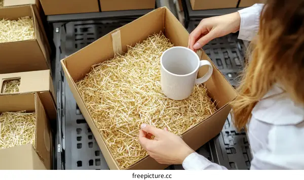 Woman Packaging a White Mug in a Cardboard Box