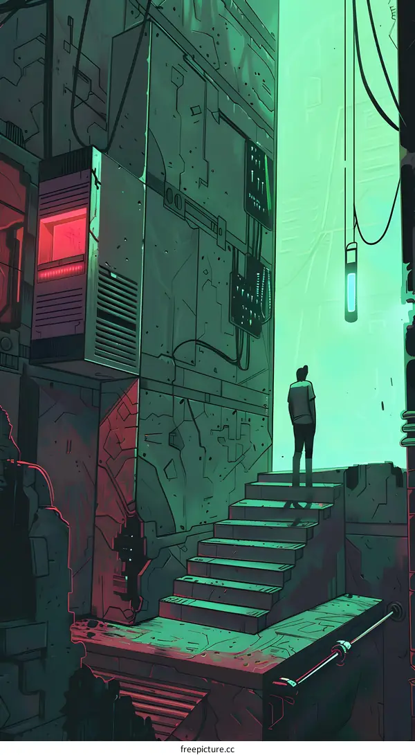 Futuristic Cityscape Illustration with a Person Standing on Stairs