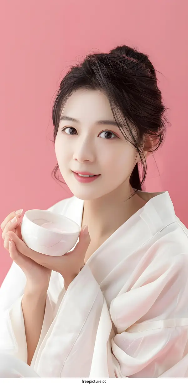 Young Asian Woman Holding White Bowl of Facial Cream