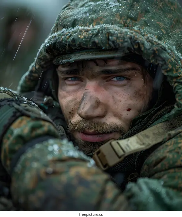 Portrait of a young soldier in the rain