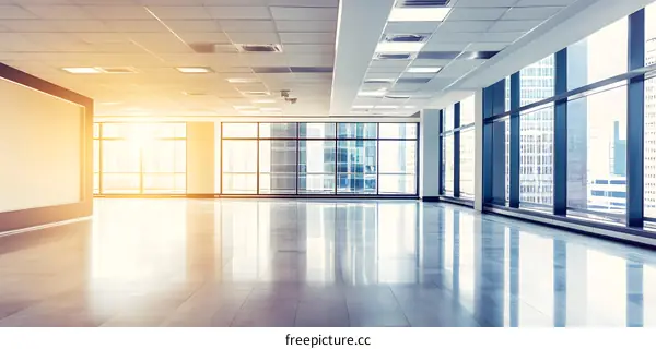 Modern Office Interior with Large Windows and City View