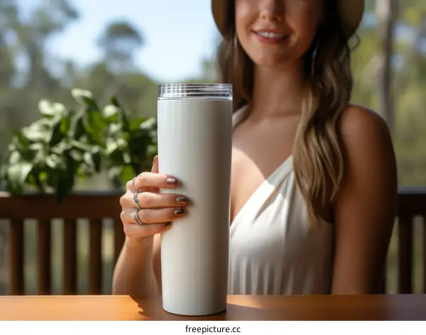 Smiling woman in a white dress holding a large white tumbler