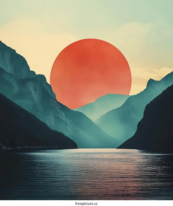 Mountain Landscape with Red Sun
