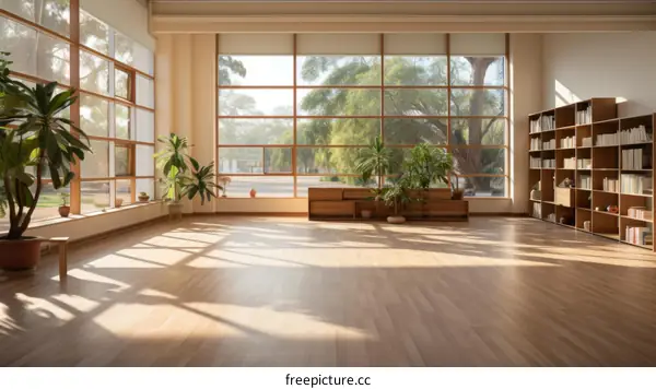 Bright and Airy Yoga Studio with Large Windows and Plants