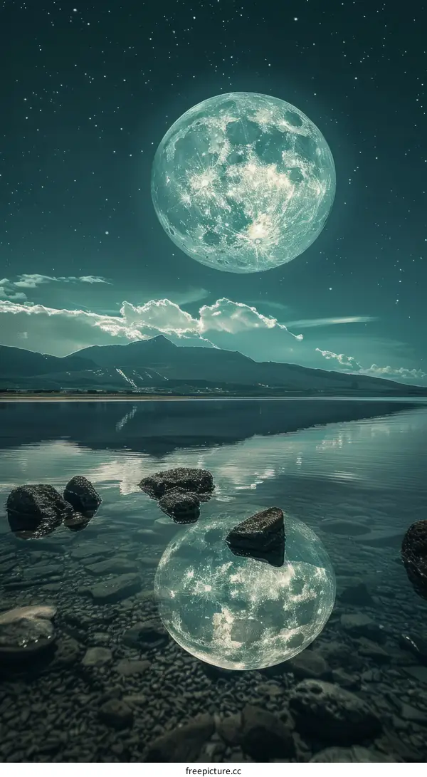 Full Moon Rising Over Majestic Mountains Reflected in Tranquil Lake