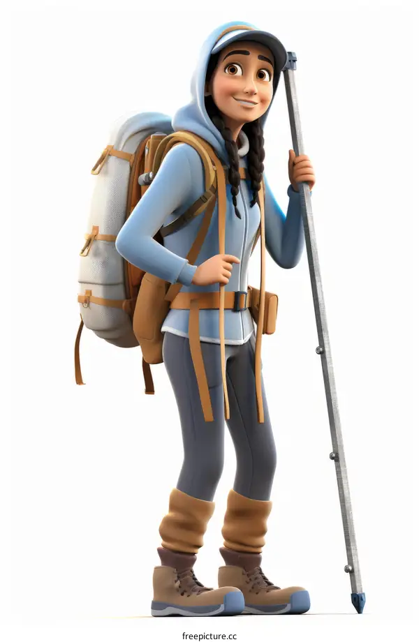 Illustration of a young woman wearing a backpack and holding a hiking pole