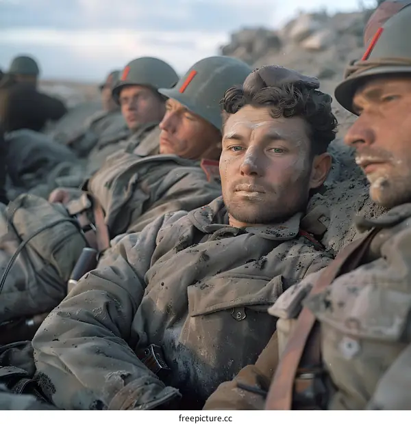 A group of soldiers in a foxhole during the Battle of Iwo Jima