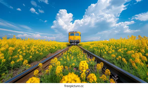 Yellow rapeseed flowers and blue sky with white clouds