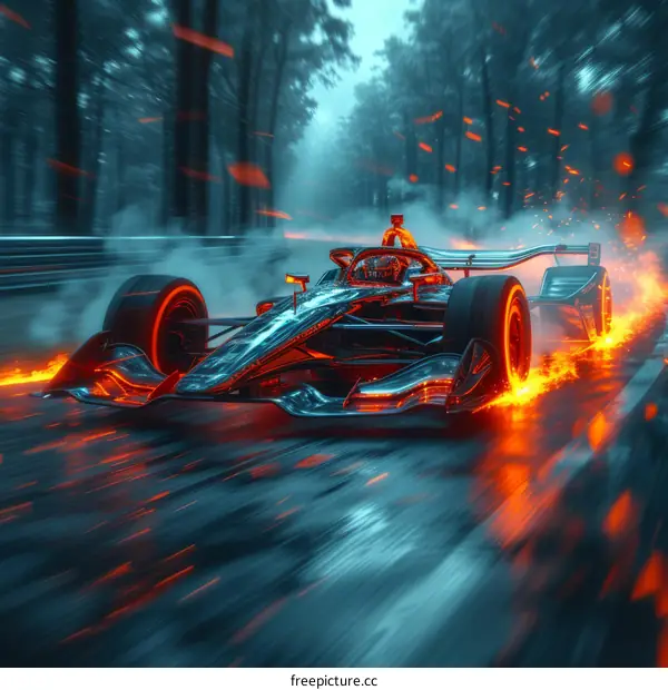 Formula One car racing through a forest
