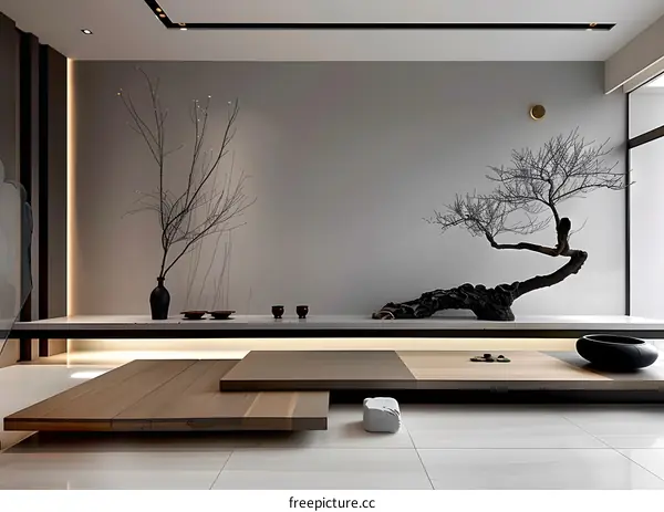Minimalist Japanese Style Interior Design with Wooden Platform and Bonsai Tree