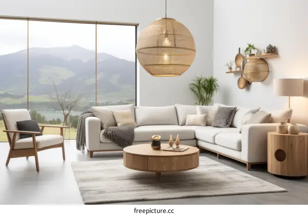 Modern living room interior with large windows and a mountain view