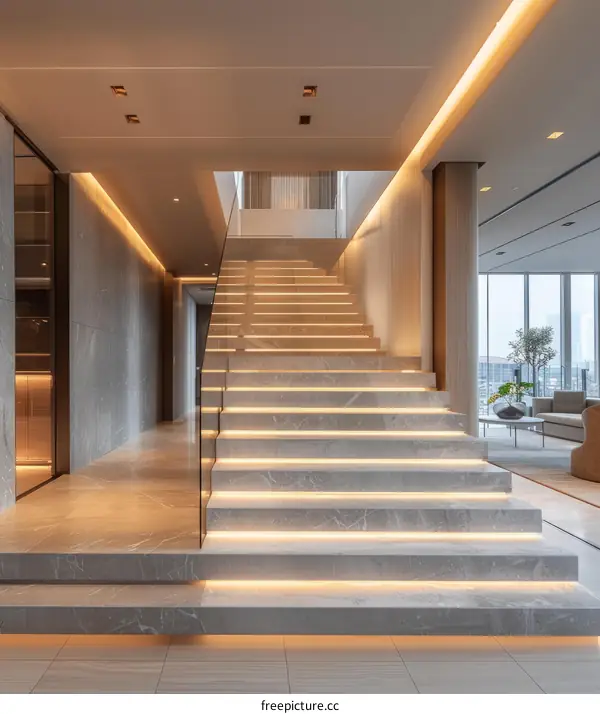 Modern Marble Staircase with Glass Railing and Cove Lighting in Dubai Villa