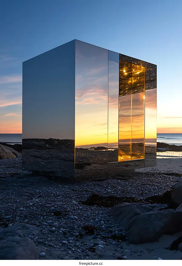 Reflective Cube Structure on a Beach at Sunset