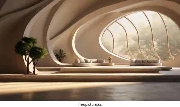 Modern interior space with curved walls and large windows