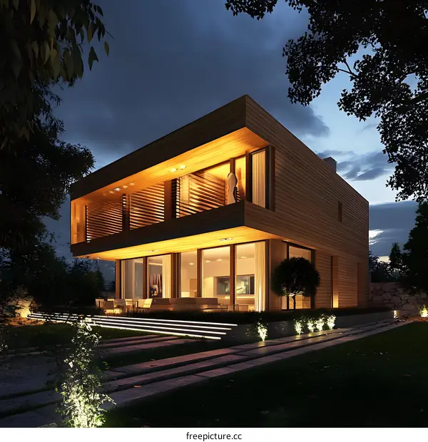 Modern Wooden House with Balcony and Lights