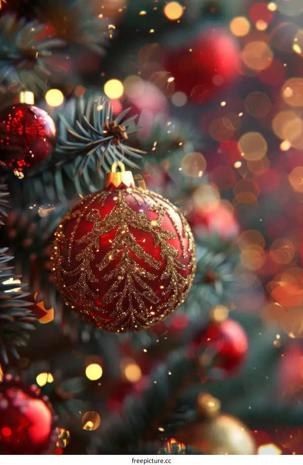 Red Christmas ball hanging on a fir tree with blurred lights in the background