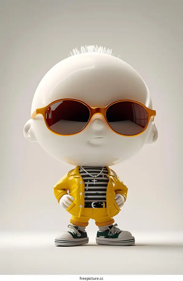 3D illustration of a baby wearing sunglasses and a yellow jacket
