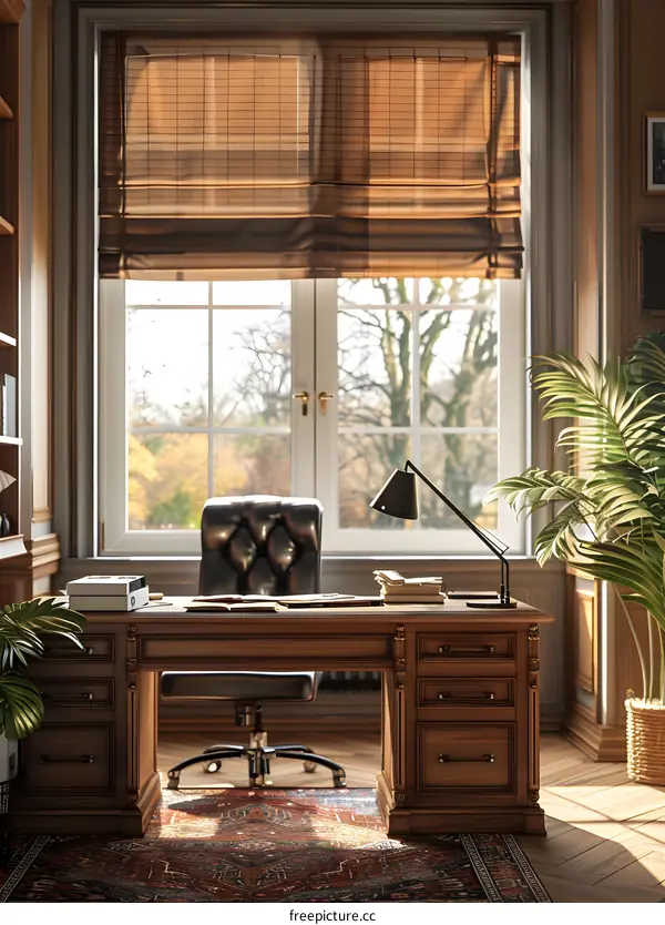 Luxurious home office interior with large windows and a wooden desk