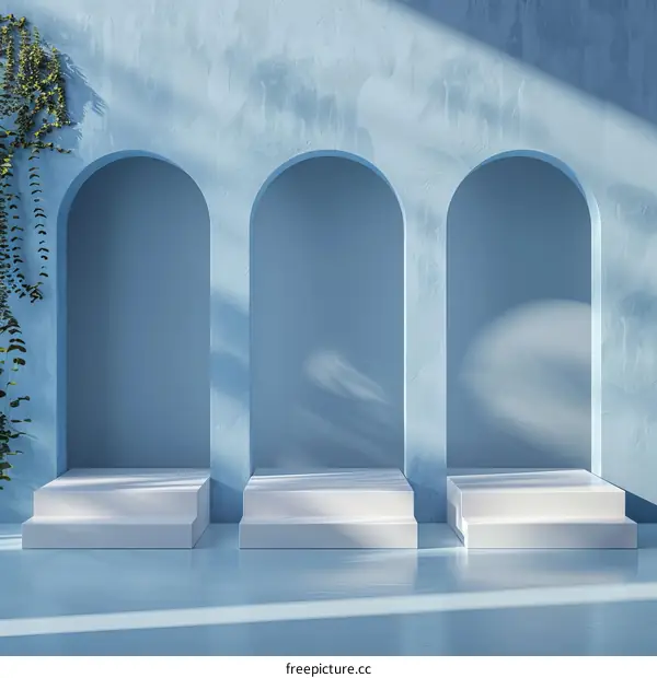 Three White Minimal Podiums with Arches on a Blue Background