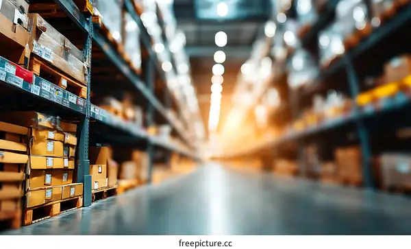 Large Warehouse Interior with Storage Shelves and Boxes