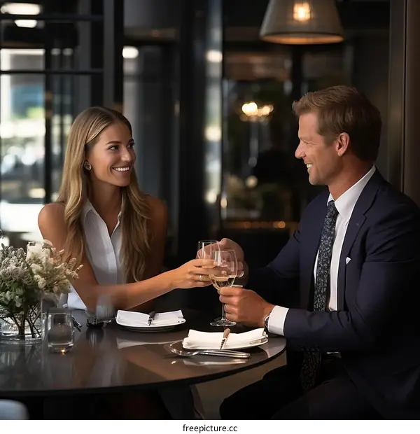 Elegant couple toasting wine glasses at a fancy restaurant