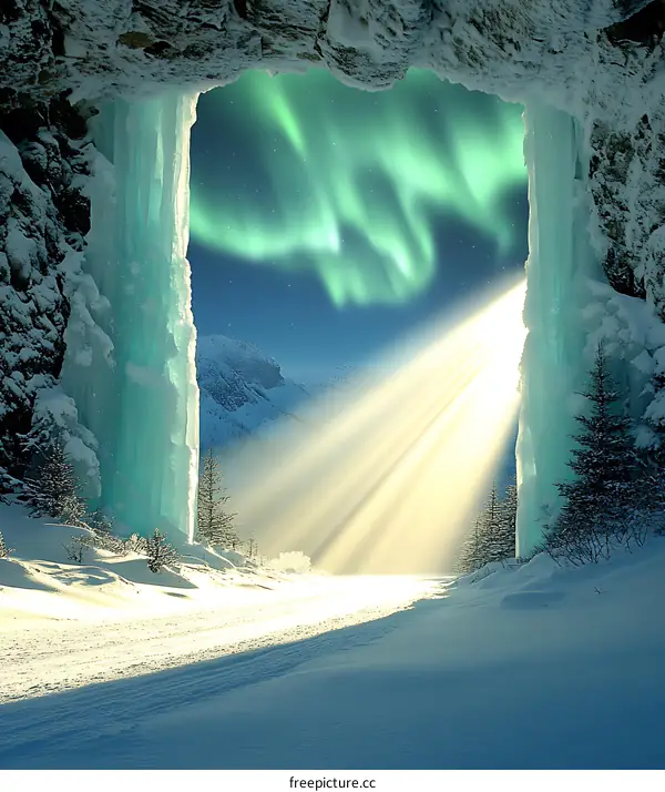 Aurora Borealis Through A Frozen Cave