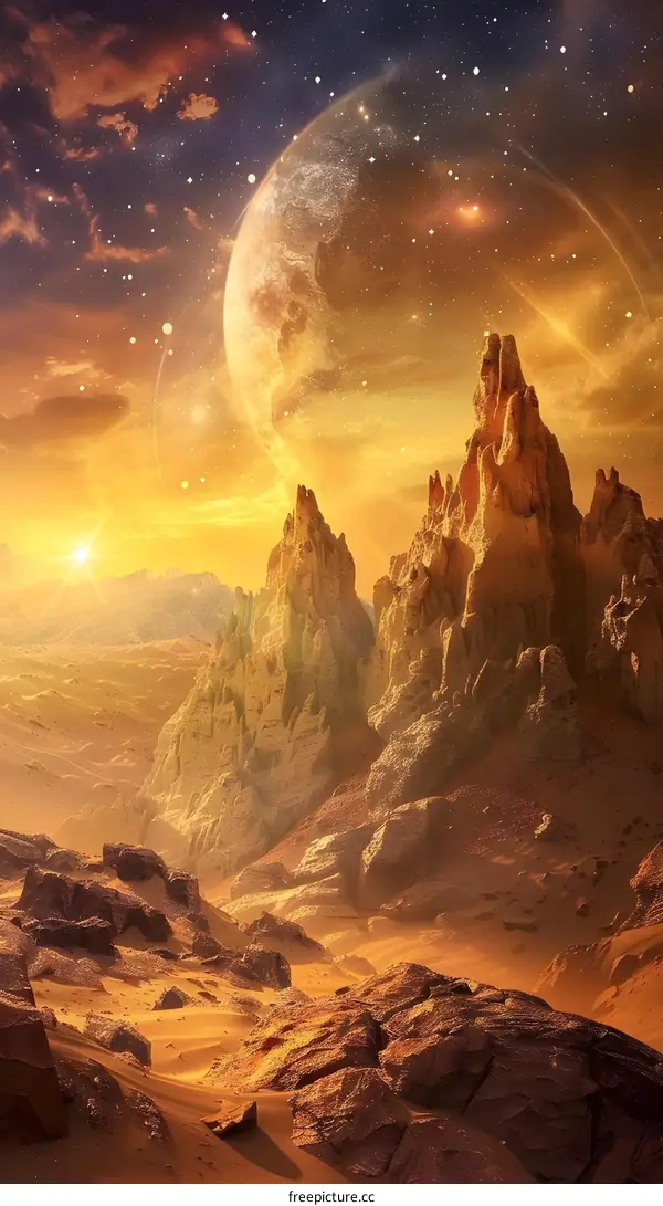 Fantasy Landscape With Golden Mountains and Planets
