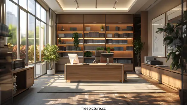 Office interior with wooden desk and bookshelves