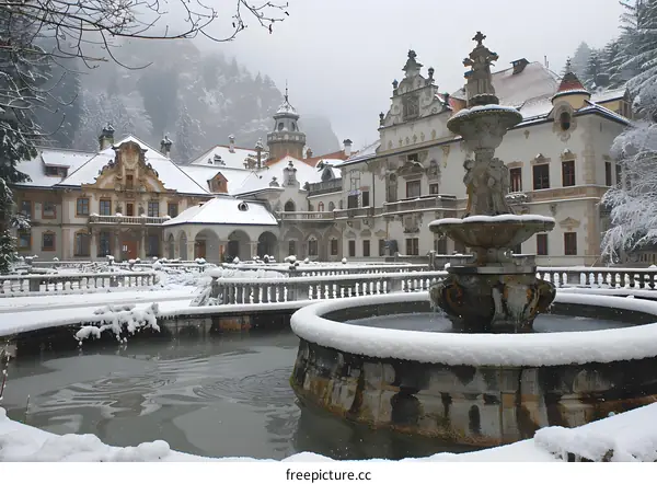 Snow Covered Palace with Fountain in Winter