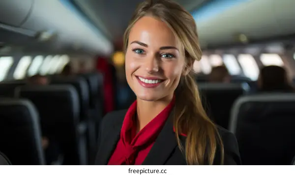 Portrait of a beautiful young blonde flight attendant smiling at the camera