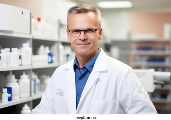 Portrait of a male pharmacist in a white coat standing in a pharmacy