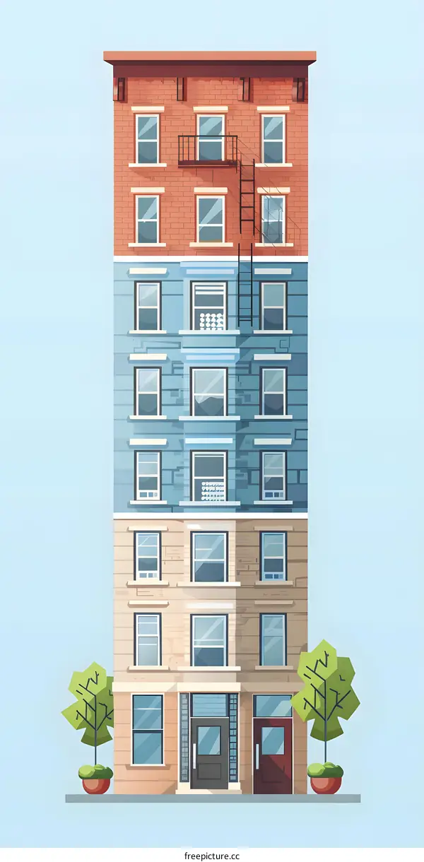 Urban Building Illustration with Three Different Color Schemes