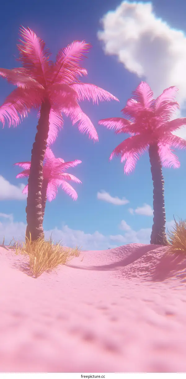 Pink Palm Trees On Beach Under Blue Sky