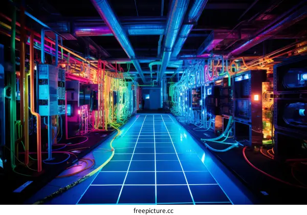 Server room with colorful cables and lights