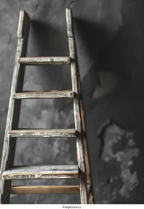 Old Wooden Ladder Against a Gray Wall