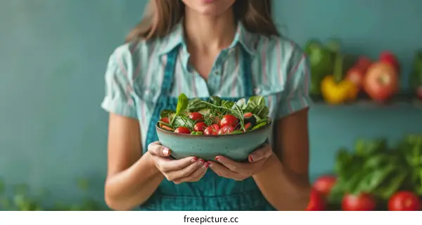 woman in apron holding bowl of fresh salad ingredients