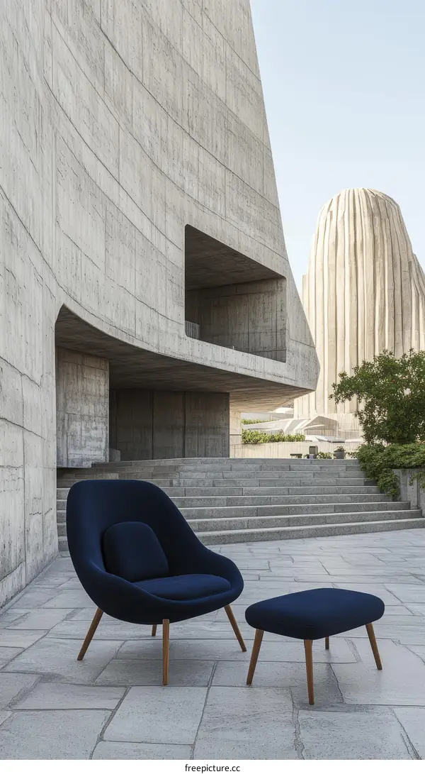 Modern Blue Upholstered Chair and Ottoman Outdoor Setting