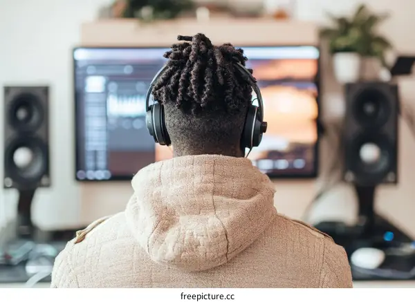 Focused Black Man Working at Home Studio