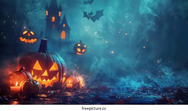 Spooky Halloween Pumpkin Jack O' Lanterns in a Forest