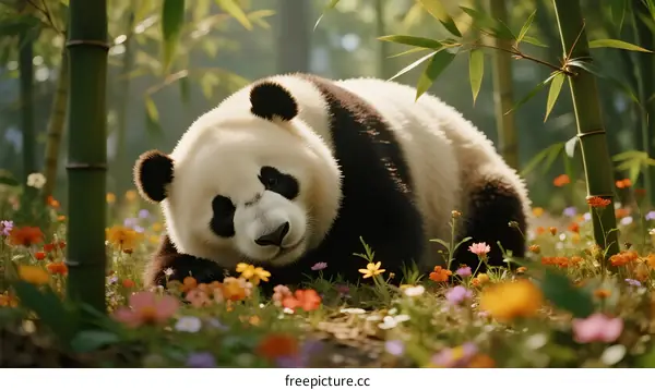 Giant panda resting in vibrant bamboo forest with colorful flowers around