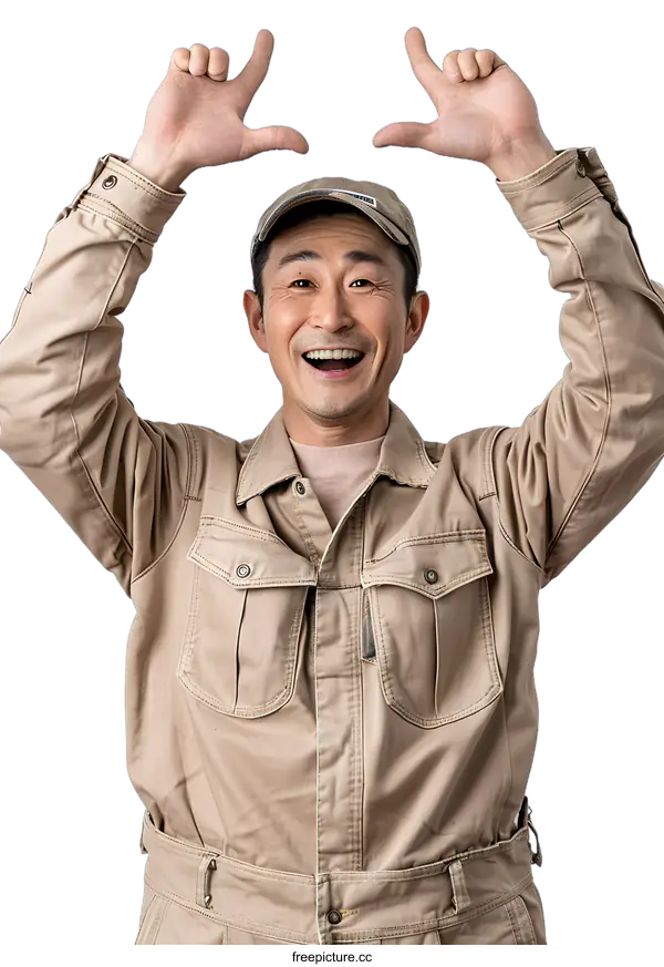 [Transparent Background PNG]Portrait of a cheerful Japanese worker in work clothes making a heart shape with his hands raised above his head