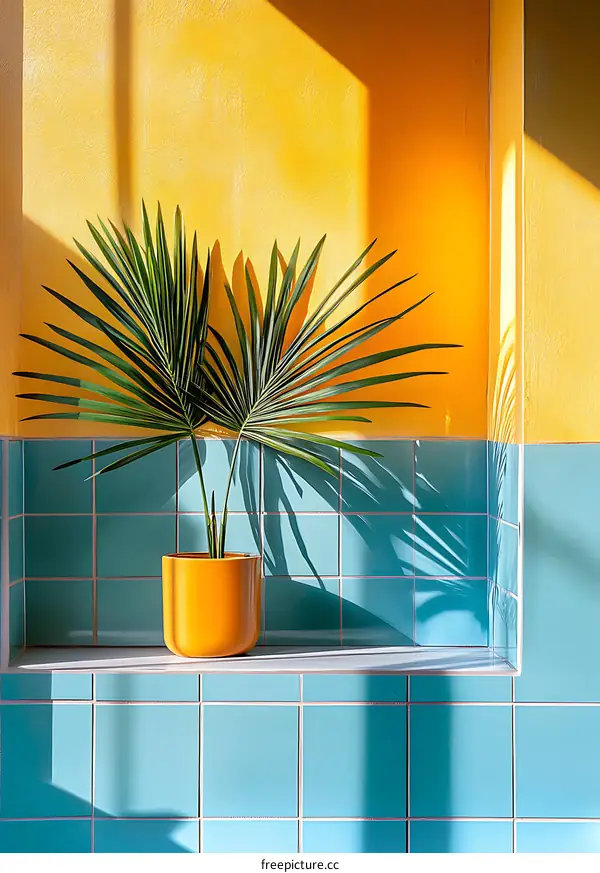 Green Plant in Yellow and Blue Tiled Room with Sunlight