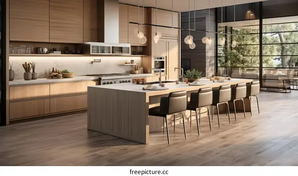 Modern Minimalist Kitchen with Wood Cabinets & Marble Countertops