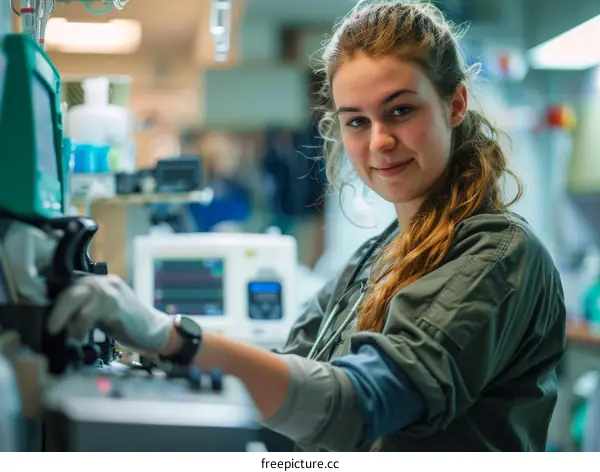 Portrait of a smiling young female veterinarian in a green scrub suit