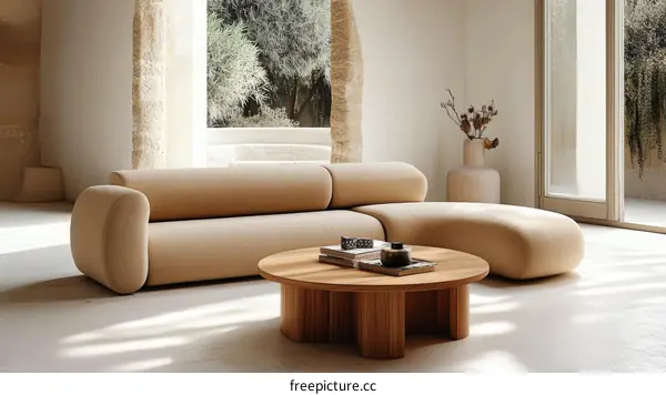 Beige Sectional Sofa and Wooden Coffee Table in Modern Living Room