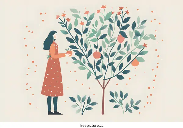 Woman in Red Dress Picking Fruit From Tree