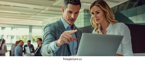 Two Business Professionals Discussing Business Strategy While Looking at Laptop