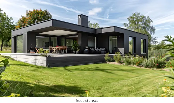 Modern Black House With Large Windows and Green Grass